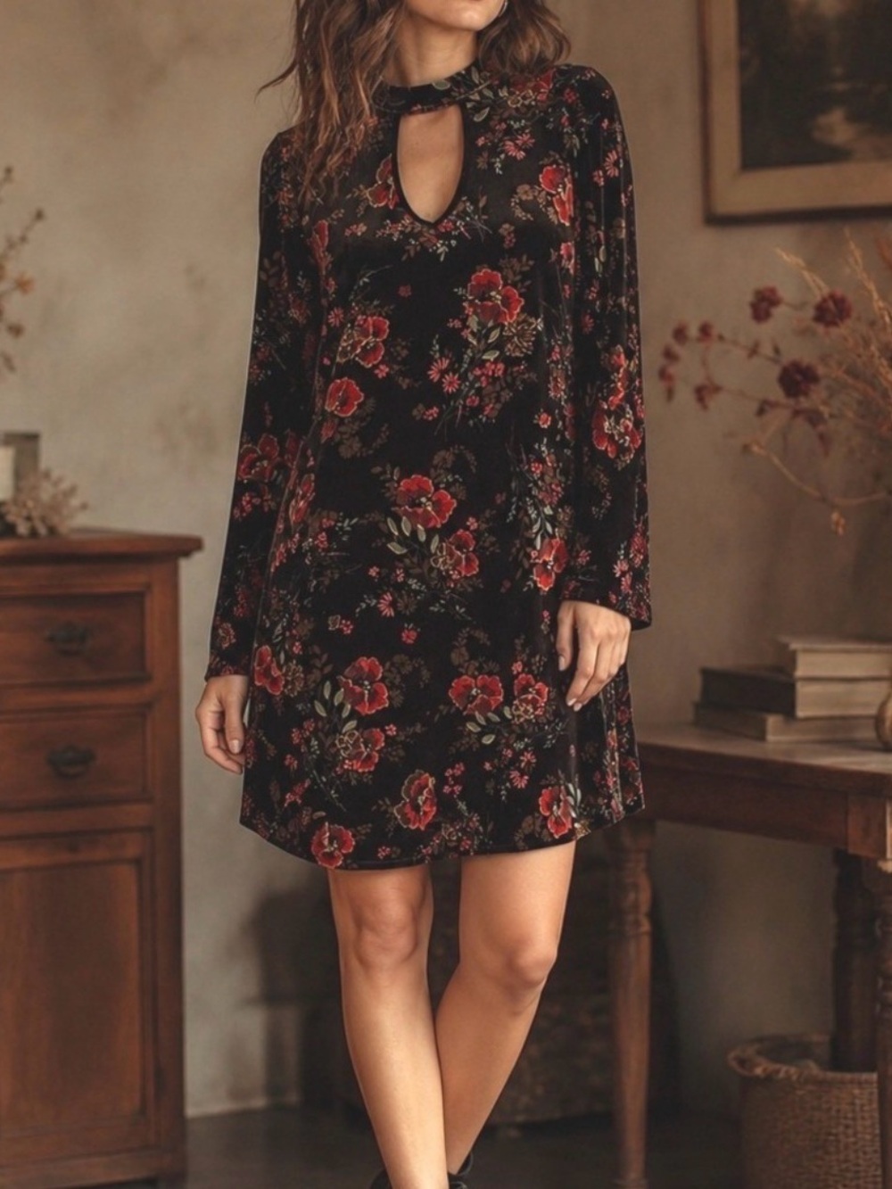 Womens Keyhole Neckline Velvet Mini Dress Size M Black Floral Dark Romantic Chic